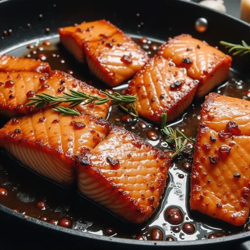 Eye-level shot of salmon with a glossy honey garlic glaze, served with lemon wedges and green onion garnish.