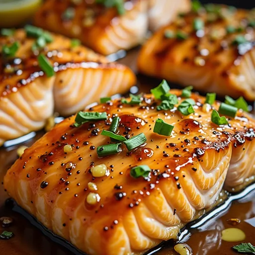Succulent salmon with a shiny glaze, surrounded by lemon slices and fresh parsley on a rustic background.