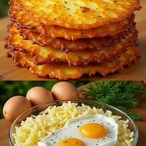 Eye-level shot of homemade potato pancakes, highlighting their crispy texture and warm colors.