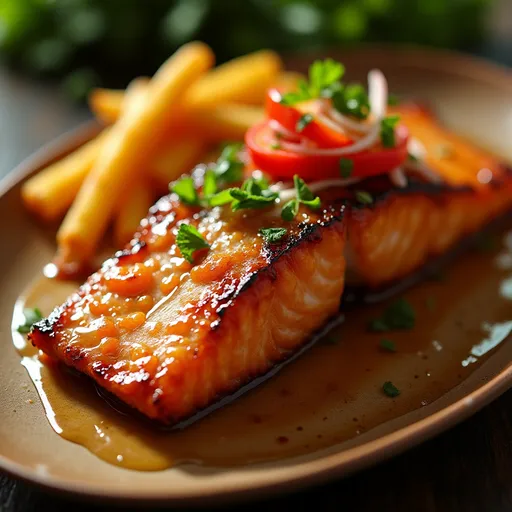 Deliciously cooked salmon drizzled with teriyaki sauce and garnished, captured in soft natural light.