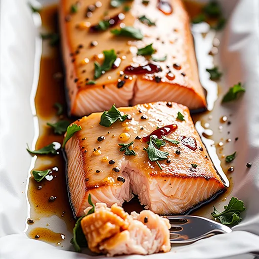 An appetizing view of marinated salmon in a bowl, showcasing fresh ingredients like garlic and lemon juice under warm lighting.