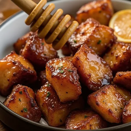 Deliciously glazed Hot Honey Salmon Bites with a blurred cozy background, highlighting the dish.