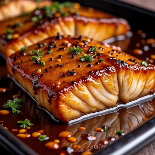 Detailed view of a beautifully cooked salmon fillet with a golden honey garlic glaze, accompanied by soft, blurred background elements.