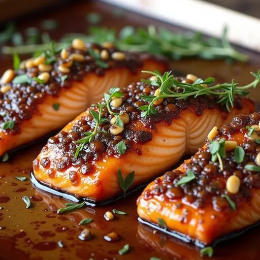 Delicious salmon fillet drizzled with honey and garlic sauce, presented on a blurred cozy background.