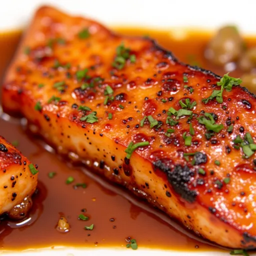 Detail of glazed salmon pieces, showcasing texture and color with soft, natural lighting.