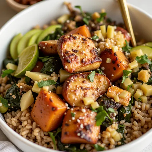 Delicious Maple Dijon Chicken & Pear Bowl with a mix of textures, including toasted pecans and brown rice.
