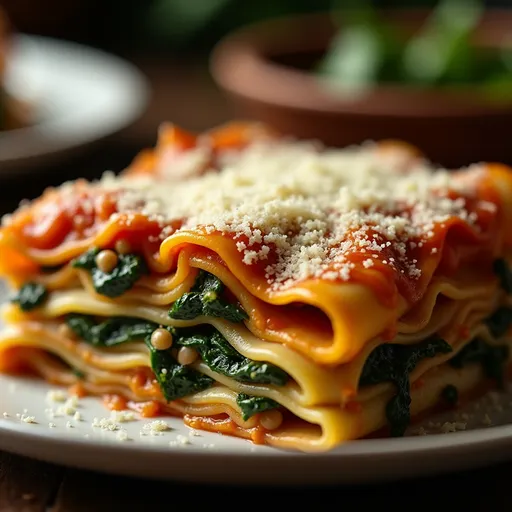 A rich portion of vegetarian lasagna featuring spinach and mushrooms, garnished and plated attractively.