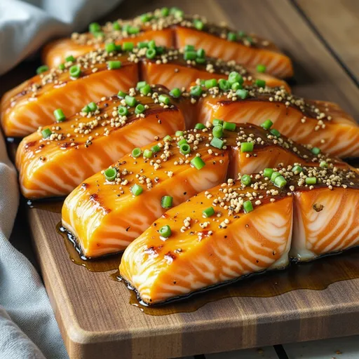 Beautifully plated salmon with glistening sauce, warm natural light highlighting textures.