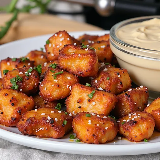 Deliciously textured honey garlic salmon bites arranged on a plate, garnished with green onions.