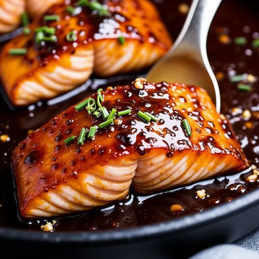 Delicious salmon fillets with a shiny honey garlic coating, artistically arranged against a soft-focused background.
