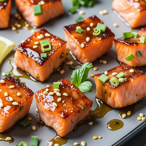 Appetizing salmon bites drizzled with honey and sprinkled with sesame on a wooden table.