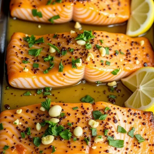 A beautifully presented honey garlic butter baked salmon fillet, highlighted by soft lighting and textures.