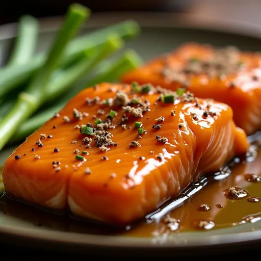 Juicy salmon served on a plate, glistening with honey garlic glaze and garnished.