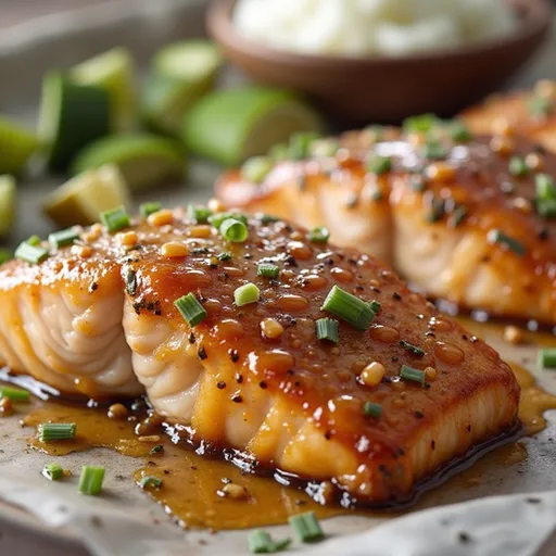 Delicious honey garlic salmon with a shiny sauce, accompanied by fresh lemon and herbs.