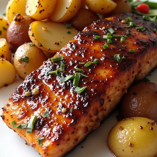 Delicious honey garlic salmon with halved roasted potatoes and lemon wedges on a rustic table.