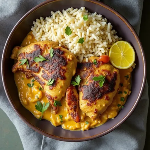 Eye-level shot of flavorful peri-peri chicken with rice, highlighting the creaminess and garnished with parsley.