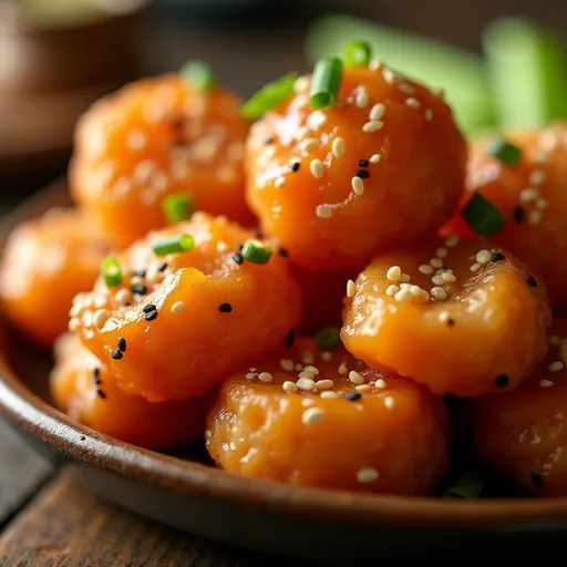 Delicious salmon bites drizzled with honey garlic sauce, displayed on a rustic surface under warm natural light.