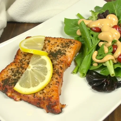 Air Fryer Honey Lemon Salmon with a shiny glaze and blurred background.