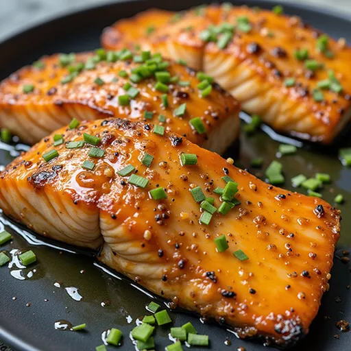 Deliciously cooked salmon drizzled with honey garlic sauce, served with lemon and herbs.