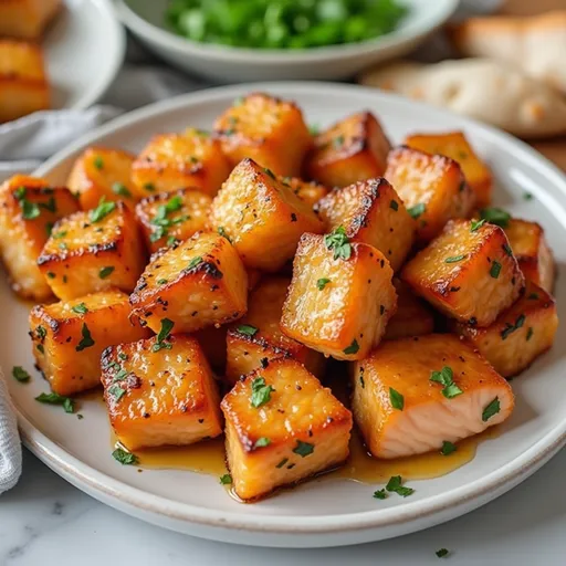 Tasty air-fried salmon bites, highlighted by natural light, showing their crispy texture and vibrant garnishes.