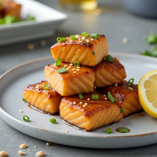 Delicious honey garlic salmon bites served with rice and garnished with green onions.