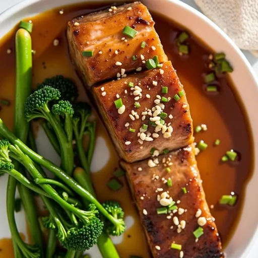 Detailed view of a honey garlic salmon dish featuring fresh herbs, lemon slices, and a glossy finish.