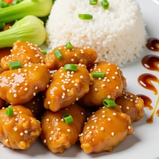 Delicious Chinese Honey Chicken highlighted with warm natural light, emphasizing texture.