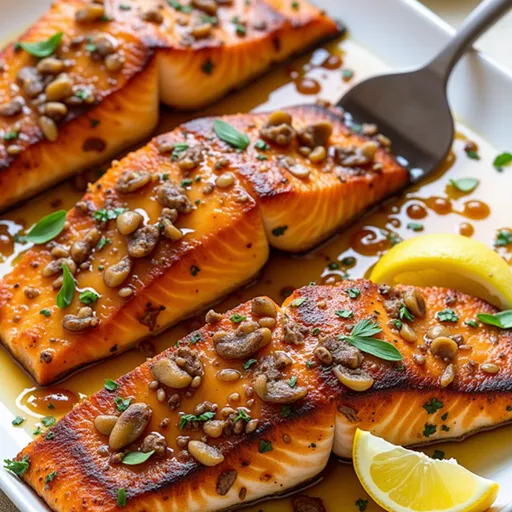 A succulent piece of salmon drizzled with sauce, with soft lighting enhancing the textures.