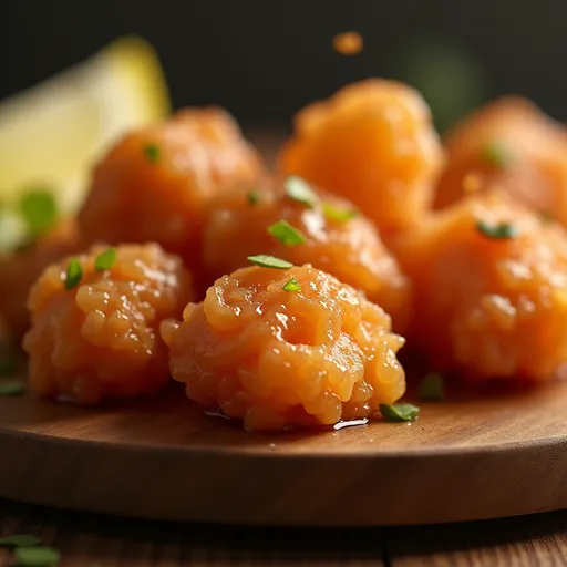 Eye-level shot of delectable salmon bites topped with sesame seeds and green onions, illuminated by soft light.