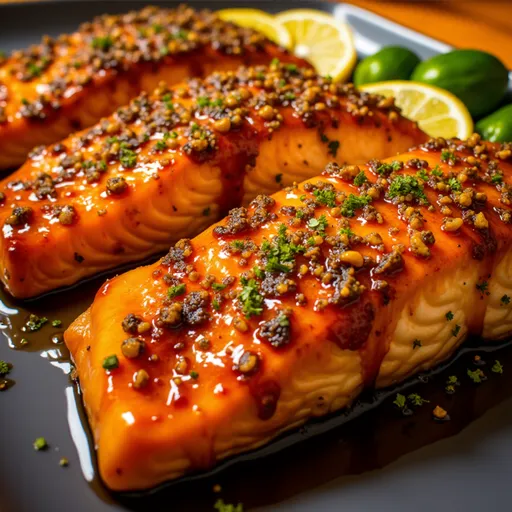 Appetizing salmon fillets topped with a glossy honey garlic glaze, set against a cozy backdrop.