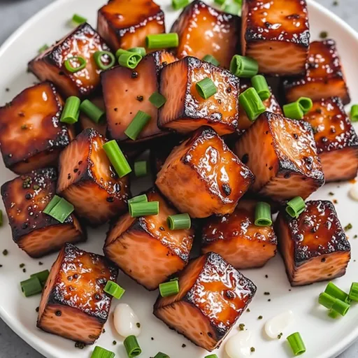 Appetizing salmon bites in a rich honey garlic glaze, featuring a soft-focus background and natural lighting.