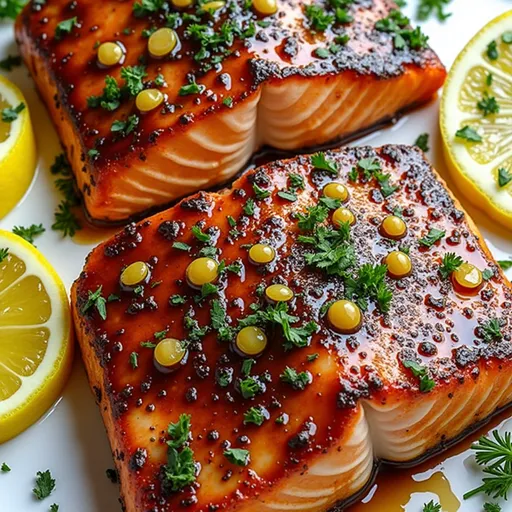 Delicious salmon fillets in a honey garlic sauce, set on a rustic table with soft lighting.
