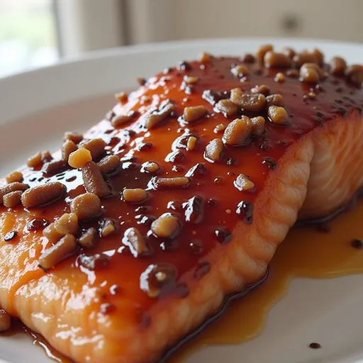 A beautifully plated portion of salmon, drizzled with honey garlic sauce and surrounded by a softly blurred background.