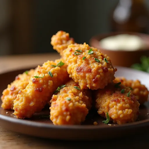 Artistic shot of crunchy pretzel chicken breast served with bright yellow mustard-cheddar sauce.