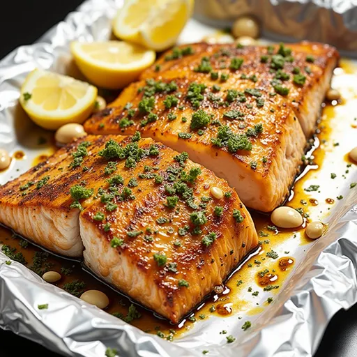 Glazed salmon with a golden hue, featuring a soft texture and vivid colors.