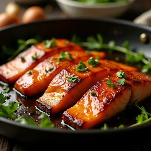 Freshly cooked salmon fillets drizzled with honey and soy sauce, presented with a blurred backdrop.