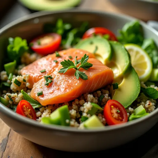 An appetizing salad bowl filled with salmon, avocado chunks, quinoa, and fresh vegetables, captured at eye level.