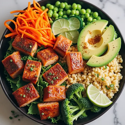 Eye-level shot of a flavorful Honey Garlic Salmon Bowl filled with salmon, rice, broccoli, and garnishes.