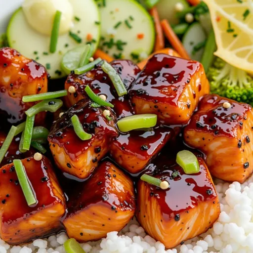 Eye-level shot of a vibrant salmon rice bowl topped with green onions and sesame seeds.