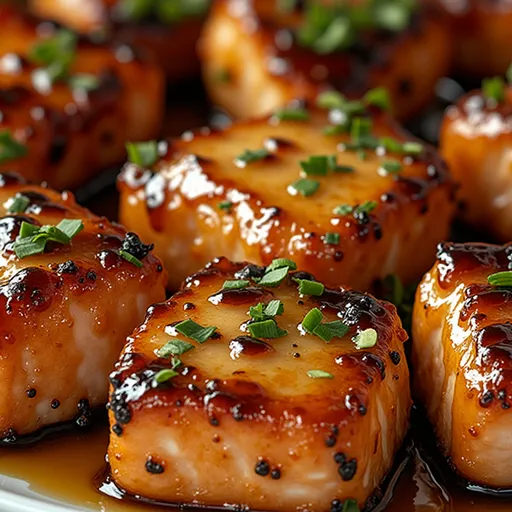 Bite-sized salmon pieces with a shiny glaze, placed on a cozy blurred background.