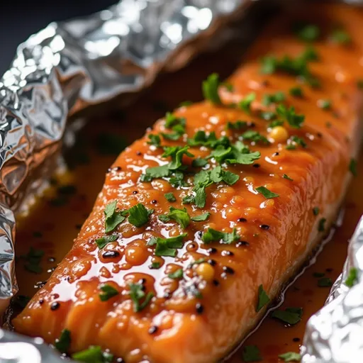 Delicious salmon fillet drizzled with honey garlic sauce, presented in foil.