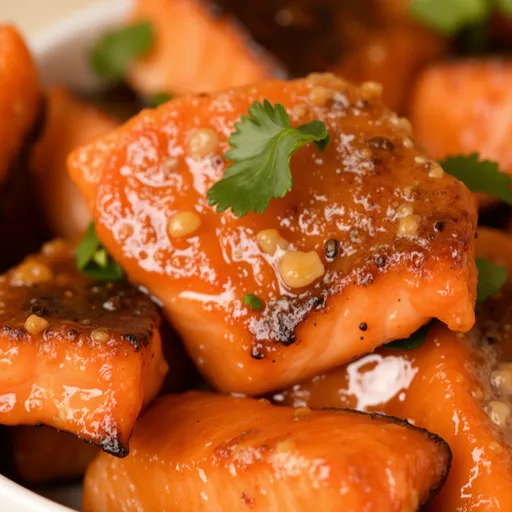 Mouthwatering salmon pieces highlighted with honey and garlic, garnished with fresh parsley.