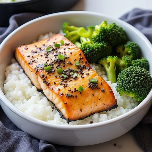 Juicy salmon fillet topped with sesame seeds and green onions, illuminated by natural light.