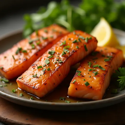 Bite-sized salmon chunks in a rich glaze, featuring warm lighting and soft shadows.
