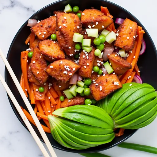 Detailed view of a salmon poke bowl, showcasing sushi rice and toppings.
