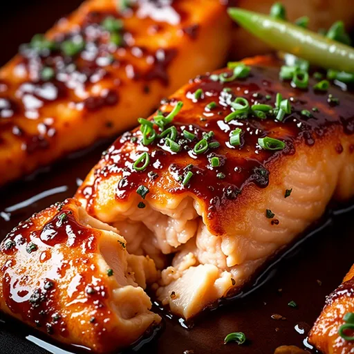 Eye-level view of honey garlic salmon fillet garnished with green onions and served on a plate.
