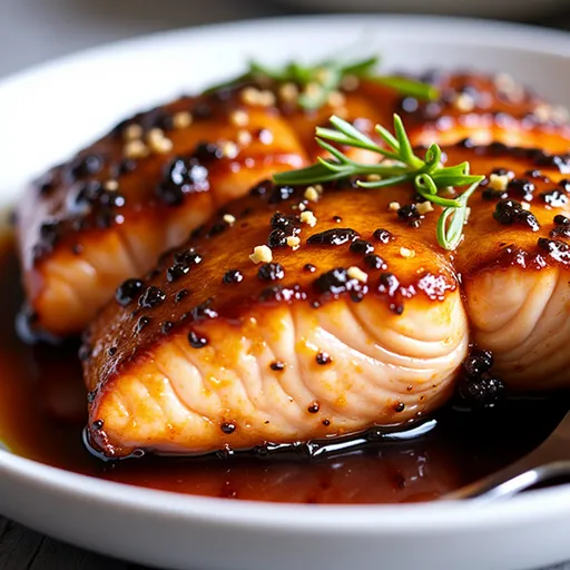 A beautifully presented Honey Garlic Salmon fillet, highlighted by warm light and soft shadows, with garlic and honey sauce visible.