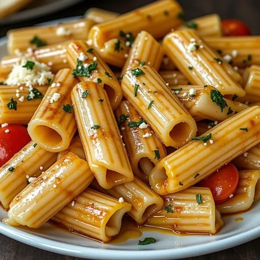 Eye-level shot of a savory pasta dish with olive oil, garlic, and colorful toppings.