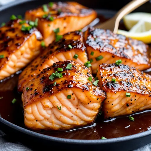 Eye-level view of perfectly cooked salmon fillets drizzled with honey garlic sauce and served with lemon.