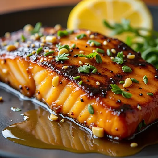 Crispy salmon coated in honey garlic glaze, displayed on a rustic plate with a cozy blurred background.